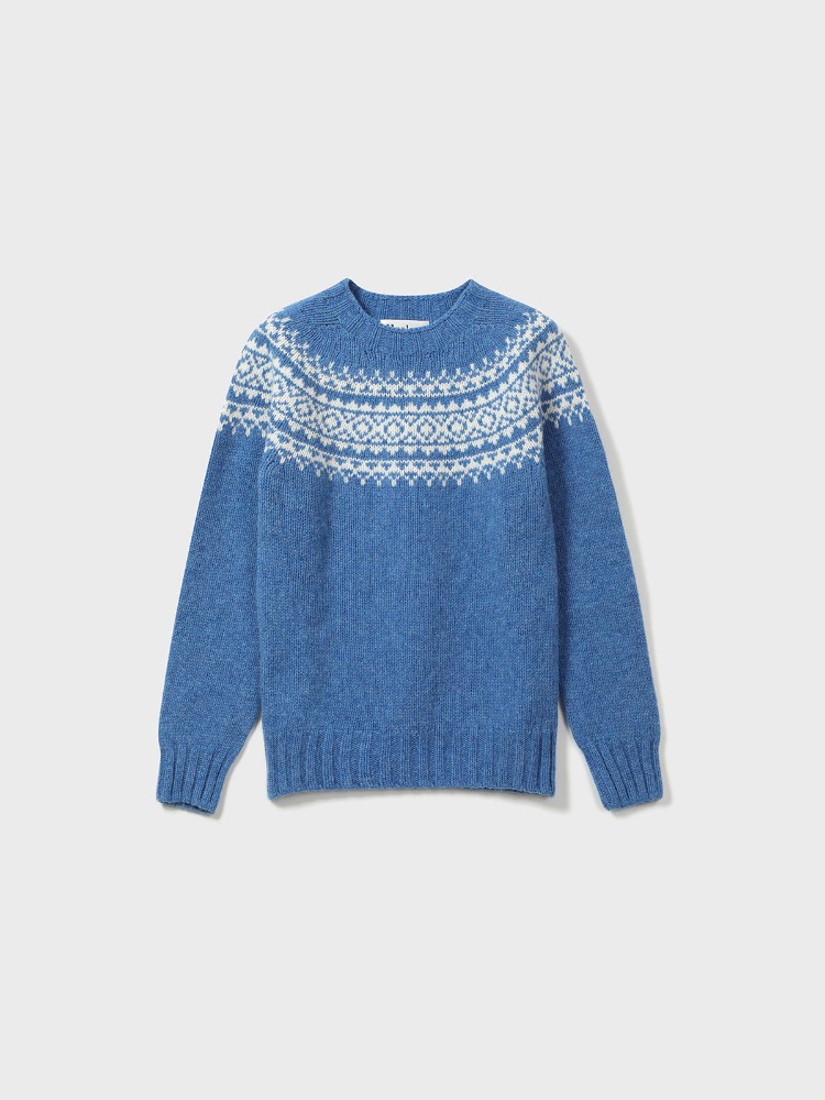 Chunky Fairisle Yoke Crew Neck Sweater [Blue Toon / Winter White]
